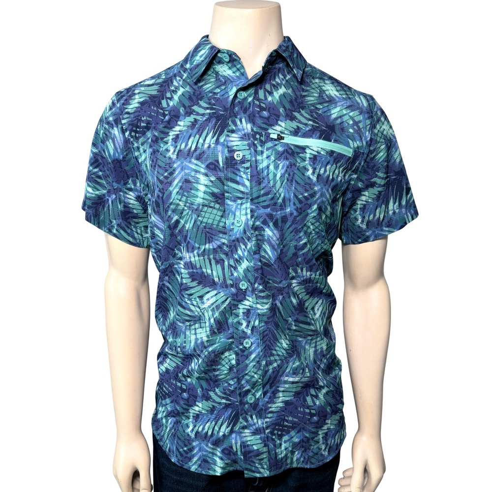 Reel Legends Fishing Shirt Mens Small Blue Green Tropical Palm Short Sleeve Zip
